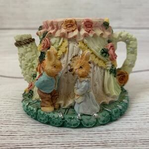 Easter Teapot Taper Candle Holder Bunnies Flowers Spring Candlestick 2 1/4"H